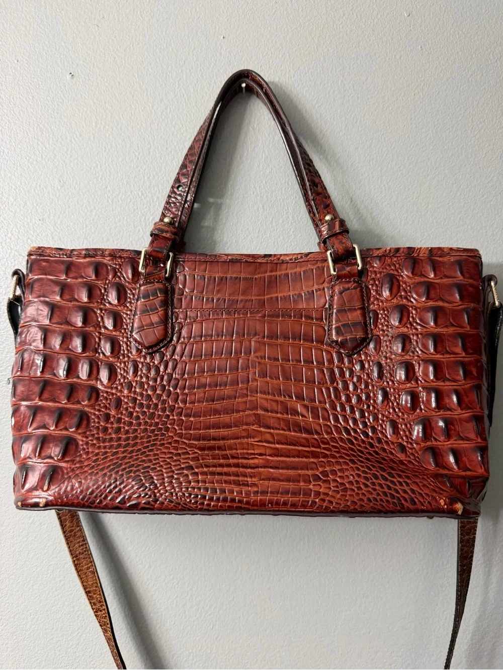 Brahmin Mini Asher Satchel in Pecan Melbourne leather, featuring a textured croc